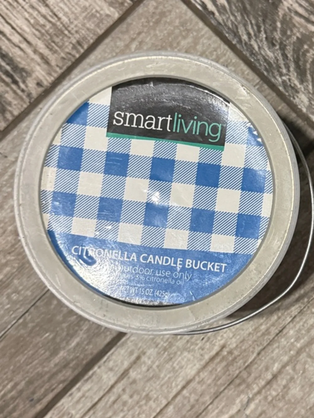 Smart Living Blue and White Gingham Citronella Candle Tin